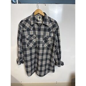 Blue Marlin Shirt Mens Large Blue Beige Plaid Flannel Button Down Side Pockets